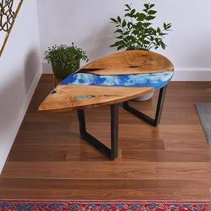 Table à manger rectangulaire moderne en bois d'acacia avec dessus en résine époxy artisanale de luxe bleue, imperméable, pour salon, couleur personnalisable - Product Image 3