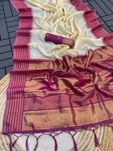 Sari en soie douce Kanjvram en or pur, designer indien, traditionnel, ethnique, pour mariage, fête classique, tenue de mariée pour femmes et filles - Product Image 5