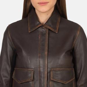 2 Brown Leather Genuine <b>Bomber</b> <b>Jacket</b> Outerwear Cotton Filled Breathable Zipper Closure Custom Logo Finished Embroidered Autumn - Product Image 5