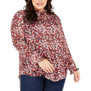 For Tommy for Hilfiger Women's Plus Size 2X <b>Red</b> Ruffled Button-Front Printed Top <b>Blouses</b> & Shirts - Product Image 1