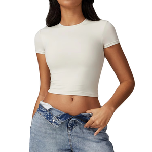 Women's <b>Cream</b> Crew Neck Short Sleeve <b>Crop</b> <b>Top</b> Slim Fit Solid Color Knitted Breathable Spring Summer Minimalist Style - Product Image 3