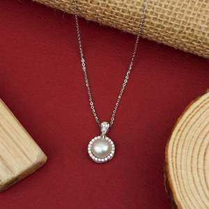 SHREYA DIAM Classic 925 <b>Silver</b> Freshwater <b>Pearl</b> Pendant <b>Necklace</b> Diamond Halo Snake Chain Romantic Style for Women Wedding - Product Image 6
