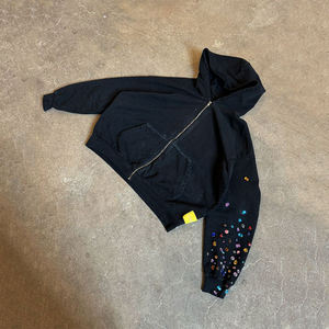 Top Design Cut and Coser Garment Custom 100% Cotton French Terry Distressed Zip Up Rhinestone Stone Washed Hoodies para hombres - Product Image 3