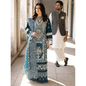 Ensemble de costume brodé pour femme en tissu lawn avec dupatta en organza et pantalon, anti-rétrécissement, non cousu - MAHNUR 3PC BIC-4609 - Product Image 1