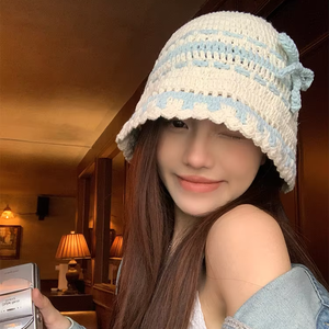 Crochet Fisherman Adult Seamless 56-58CM Women's Color-<b>Block</b> Knitted Summer Hand-Woven Hollow Bucket Casual Face-Slimming Hand - Product Image 3