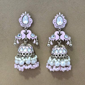 Boucles d'oreilles de lustre de mode Indo Western Jhumki faites à la main exportation de haute qualité avec placage Mehndi - Product Image 4