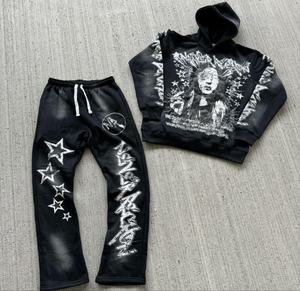 High Quality Full Zip US Washed Two Piece Hoodie and Flare Pants <b>Set</b> Acid Wash Embroidered Sweat Suit Trending Unisex Tracksuit - Product Image 5