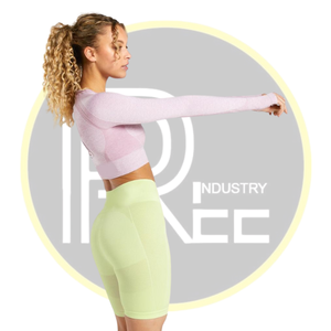 Conjunto de entrenamiento sin costuras para mujer con Top corto y pantalones cortos de motorista Ropa deportiva de manga larga Traje de gimnasio de Yoga de 2 piezas para mujer - Product Image 2