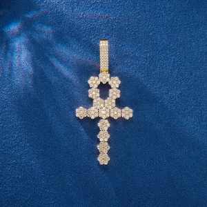 จี้รูปไม้กางเขนสไตล์ฮิปฮอปโมอิสซาไนท์จี้สีเหลืองทองประดับสัญลักษณ์อียิปต์ - Product Image 1