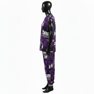 Conjunto de pantalón cargo y top sin mangas para hombre, 220 GSM, poliéster y spandex, morado y negro, con logotipo gráfico sublimado, conjunto de 2 piezas para hombre - Product Image 4
