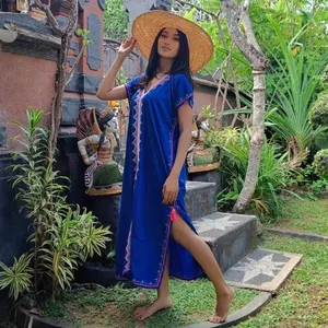 2024 primavera bordado a mano 100% rayón azul tela Kaftan manga corta lujo Resort Kaftan Maxi vestido - Product Image 3