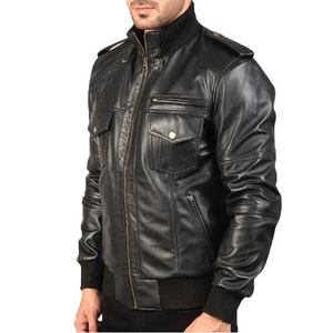 Veste en cuir noir véritable cuir de mouton vêtements d'extérieur fermeture à glissière col haut tricot côtes poignets Six extérieur deux poches intérieures - Product Image 3