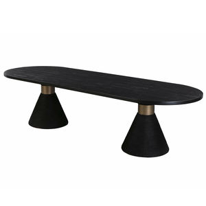 Table de salle à manger de cuisine en bois d'acacia de forme ovale, avec base en corde artisanale de qualité moderne, finition noire antique texturée. - Product Image 1