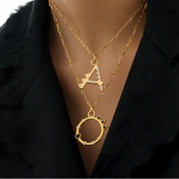 Yaratıcı paslanmaz çelik mektup elmas kalp kolye kolye özel kaplama 18k altın çelik kadın moda çift katmanlı kolye