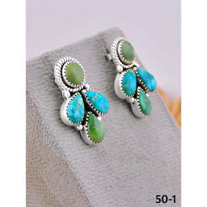 Southwest Style Emerald Valley Turquoise & Sterling <b>Silver</b> <b>Stud</b> Earrings Flower-shaped with Bezel Setting - Product Image 3
