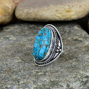 Anillo de Fiesta Hecho a Mano de Plata de Ley 925 de Primera Calidad con Turquesa Azul Natural de Cobre, Estilo Vintage Navajo Oxidado y Bohemio - Product Image 4