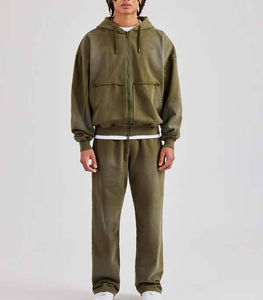 Fabricante de Conjuntos Deportivos Personalizados con Lavado Ácido, Sudadera con Cremallera y Pantalones de Chándal de Algodón para Hombre, Conjunto Deportivo con Sudadera con Capucha y Pantalones de Chándal de Felpa, Color Sólido - Product Image 3