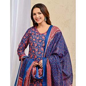 Blue Jaal Hand Drawn <b>Block</b> <b>Printed</b> Cotton Kurta Pant Set Heavy Mulmul Dupatta for Ethnic Party Wear Indian Style Long Length Net - Product Image 1