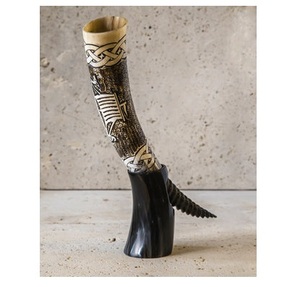 Handmade Creative Design Carved Bar Drinking Buffalo Horn Beer Tankard <b>Mug</b> with <b>Stand</b> For Party Natural Ox Horn - Product Image 1