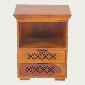 Table de chevet élégante en teck avec deux tiroirs sculptés et une étagère ouverte pour le salon et la chambre à coucher - Product Image 2