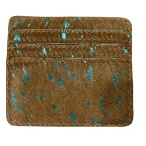 Portefeuille fin pour cartes en cuir de vachette marron et turquoise délavé à l'acide, double, vintage, style bohème, à motifs floraux, portable, avec rivets, fabricant et fournisseur indien - Product Image 1
