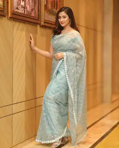 2024 NEW ARRIVALS DESIGNER WEAR SEQUANCE EMBROIDERED WORK SKY BLUE SAREE WITH STONE BLOUSE FOR AFFORDABLE PRICES