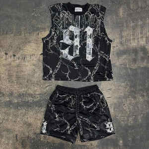 Maillot de baseball strass sans manches hommes maille strass débardeur personnalisé strass ensembles courts pour les jeux d'été 2025 - Product Image 2