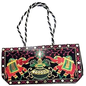 Sac à main en coton brodé multicolore de créateur avec pompons, détails perlés, fermeture à glissière, deux poignées, style bohème, unisexe - Product Image 1