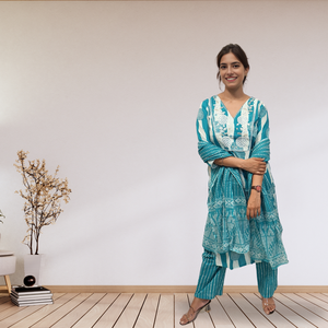 Nouveauté tendance, ensemble kurta pantalon imprimé turquoise de luxe, tenue élégante de fusion ethnique, tenue haut de gamme pour femmes - Product Image 1