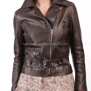 Veste en cuir marron pour femme, fermeture éclair asymétrique, coupe courte, style motard, décontractée, tendance, respirante, hiver, OEM - Product Image 6