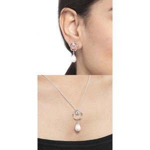 NOVAMART Fine 925 Sterling <b>Silver</b> Pearl Sara Pendant <b>Earring</b> <b>Chain</b> Set Rhodium Plated with for Swiss Zirconia Gift Women Wholesa - Product Image 5