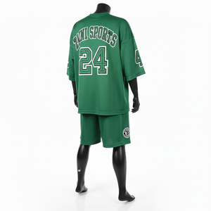 High Quality <b>Men</b> Mesh Jersey <b>Short</b> Set Soft Polyester Fabric Athletic Fit <b>Green</b> Custom Heat Transfer Logo Mesh Jersey <b>Short</b> Set - Product Image 4