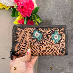 Real Leather Hand Tooled Leopard Pattern Summer Fashion Waterproof Multi-Purpose Women Clutch <b>Handbag</b> - Product Image 1