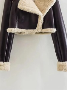 Veste bomber en cuir pour femme, courte, marron, doublée de fourrure épaisse et chaude, pour l'automne/hiver - Product Image 6