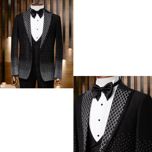 Costume de mariage élégant pour homme en 80 % laine, coupe ajustée, orné de strass, pour événements formels, avec braguette spéciale en laine peignée - Product Image 5