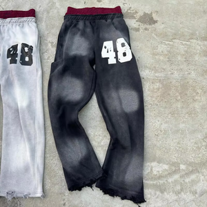 Pantalon de survêtement gris pour homme à taille élastique avec imprimé numéro 48, ourlet déchiré, style décontracté pour l'automne - Product Image 5