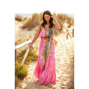 เดรสยาวมัดย้อมเปิดไหล่สำหรับผู้หญิงดึงดูดใจชุดเดรสเกาะอกพร้อมเสื้อคลุมหลวมผ้าเรยอน100% ชายหาดยาวถึงพื้น - Product Image 1
