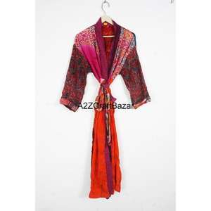 Robe Kimono en Soie Vintage Bohème pour Femmes, Col en V, Longueur Entière, Design Patchwork, Fermeture à Cordon, Manches Trois-Quarts - Product Image 6