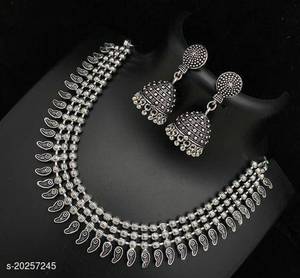 Oxidized Silver Choker Necklace Set with Jhumka Earrings Traditional Tribal <b>Jewelry</b> Antique Boho Necklace Festival Ethnic - Product Image 1