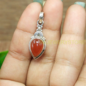 Collier pendentif en argent sterling 925 avec pierre précieuse naturelle cornaline rouge, motif feuille fait main, bijou ethnique bohème vintage, cadeau - Product Image 5