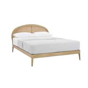 เตียงไม้มะฮอกกานีทันสมัยกลางศตวรรษพร้อมหัวเตียงหวายผ้าลินินสีน้ำตาลและสีขาวทนทานปรับแต่งได้ - Product Image 1