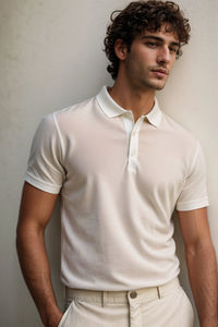 เสื้อโปโลผู้ชายลำลองสำหรับเล่นกอล์ฟ ผ้าฝ้าย 100% ซิป แขนสั้น ผ้าถักแบบริบ ระบายอากาศ ลายเรียบ - Product Image 1