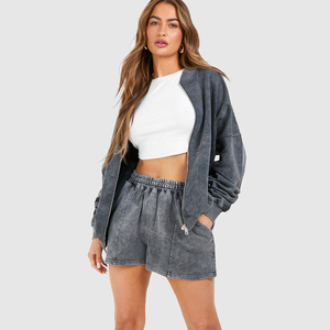 Diseño único de carbón de 2 piezas para mujer lavado con ácido y bombardero Zip Through Shorts Chándal Conjunto de chándal para mujer Conjunto de 2 piezas - Product Image 1