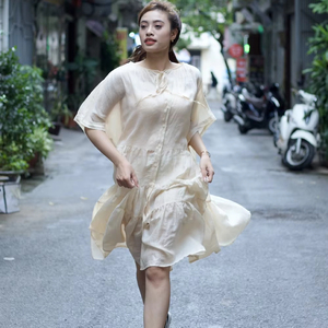 Elegant Ramie Casual Dress Oversized Fit Laid-Back Daily Customizable Plus Including 5XL Short-Sleeve Cotton Natural ODM - Product Image 4