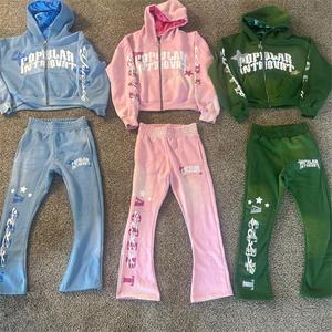 Unisex 100% Cotton Custom Hooded Track Suit French Terry Cropped Winter Sweatsuits 3D for High Quality Fleece Drawstring - Product Image 2