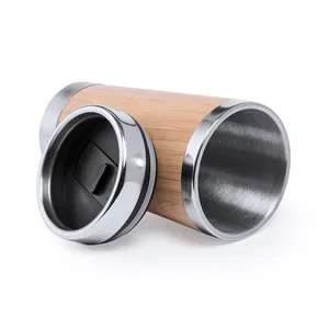 Bicchieri Personalizzati in Acciaio Inossidabile con Design a Secchiello in Bambù - Tazza Gadget Personalizzabile - Product Image 1