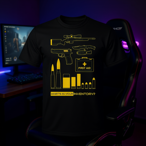 T-shirt de jeu de tir à la première personne avec l'inscription « Qu'est-ce qui se trouve dans votre inventaire ? » Graphiques pour les joueurs - Product Image 3