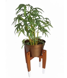 Jardinière élégante en métal couleur bronze avec support en bois d'olivier, pot rond pour fleurs d'intérieur, support pour décoration de la maison et du jardin - Product Image 1