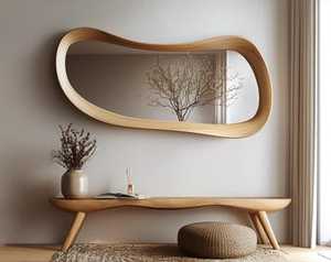 Espejo de tocador ligero ecológico con marco de madera de nogal real hecho a mano estilo Art Deco diseño ondulado irregular asimétrico para el hogar - Product Image 3