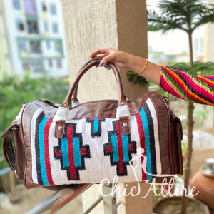 New Real Handmade Vintage Style Aztec Tooled Leather Duffel Bags Personalized Western Handwoven Wool Leather Large Travel Bags - Product Image 1